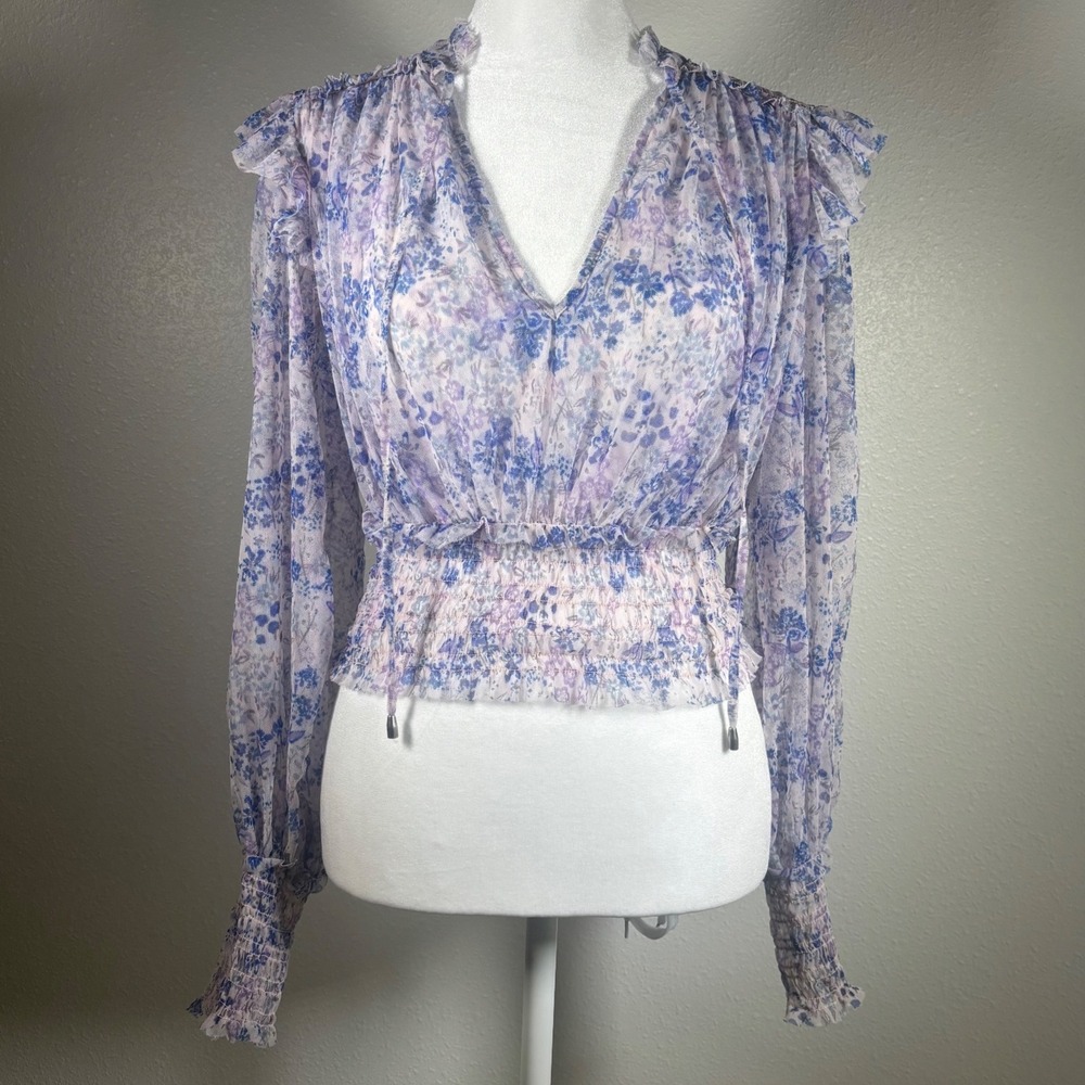 Free People Boho Cottage Floral Mesh Smocked Waist Ruffle Blouse Purple Blue XS
